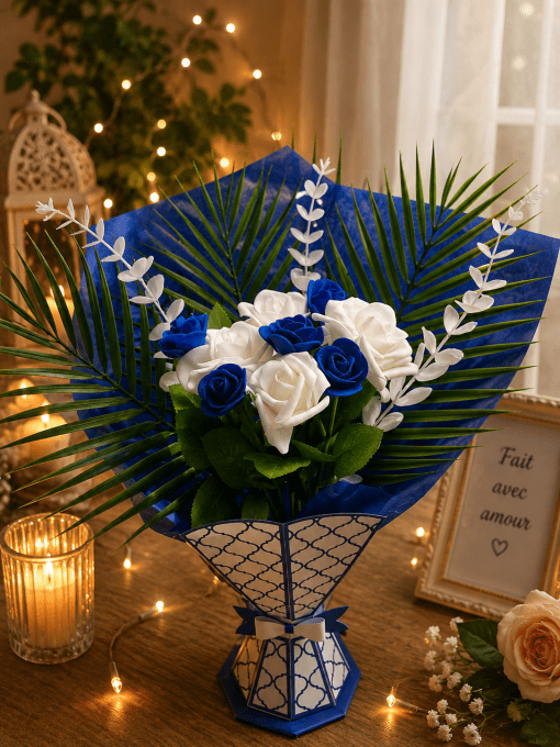 Bouquet de Rose bleu/blanc artificiel avec son vase personnalisé. Fait main-